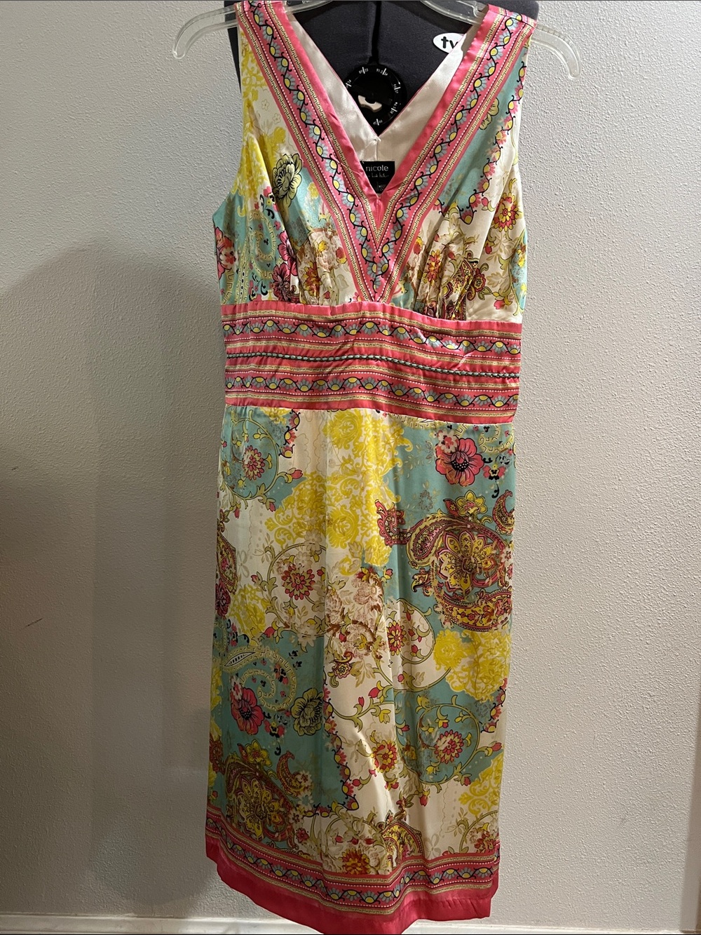 Nicole Miller 100% Silk Floral Paisley V-Neck Midi Dress - Pink, Aqua, Yellow